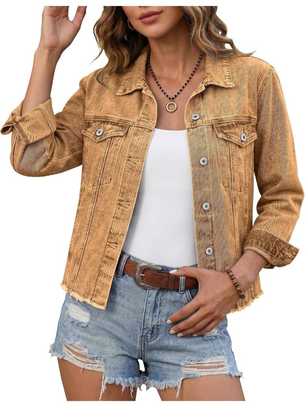 Women’s Brown Wash Western Trucker Frayed Hem Vintage Distressed Jean Jacket